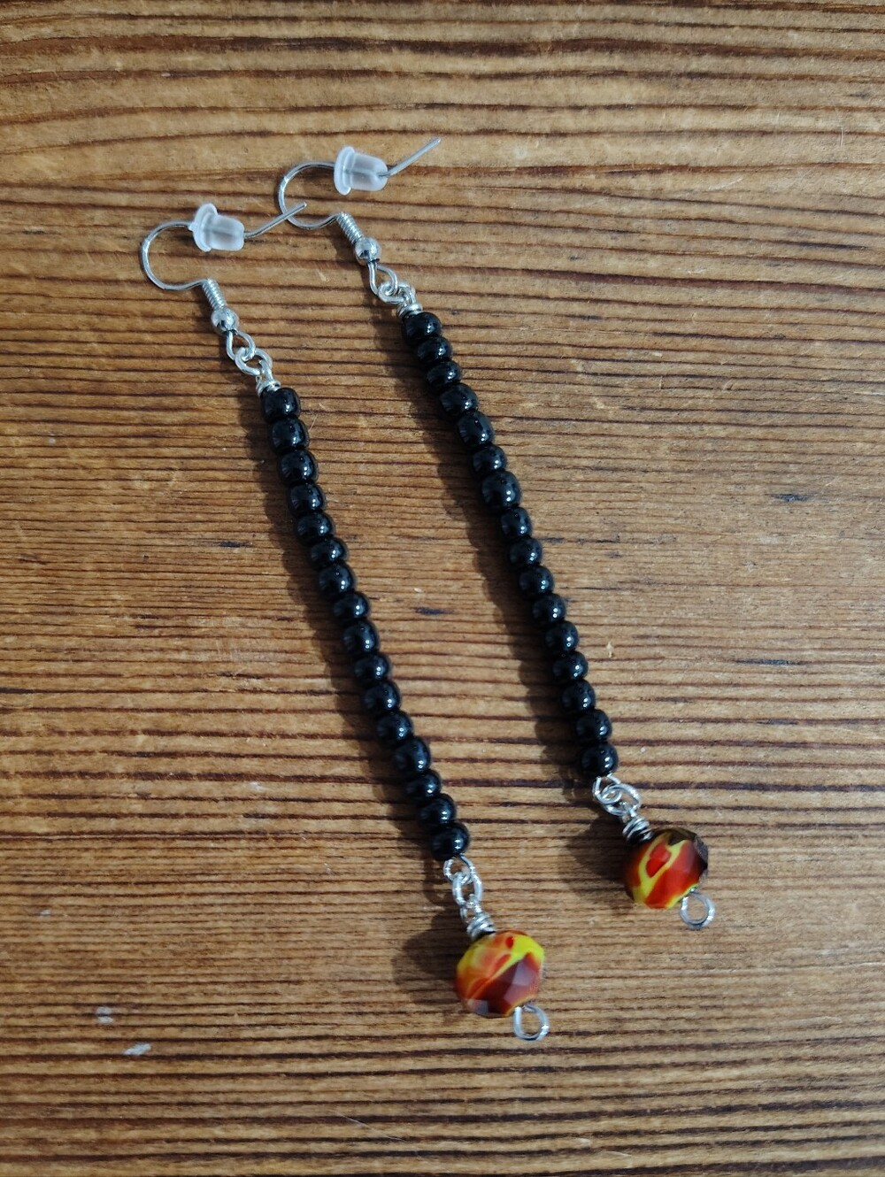 Handmade Black Beaded Drop Earrings with Red-Orange Accent,  Handmade Earrings